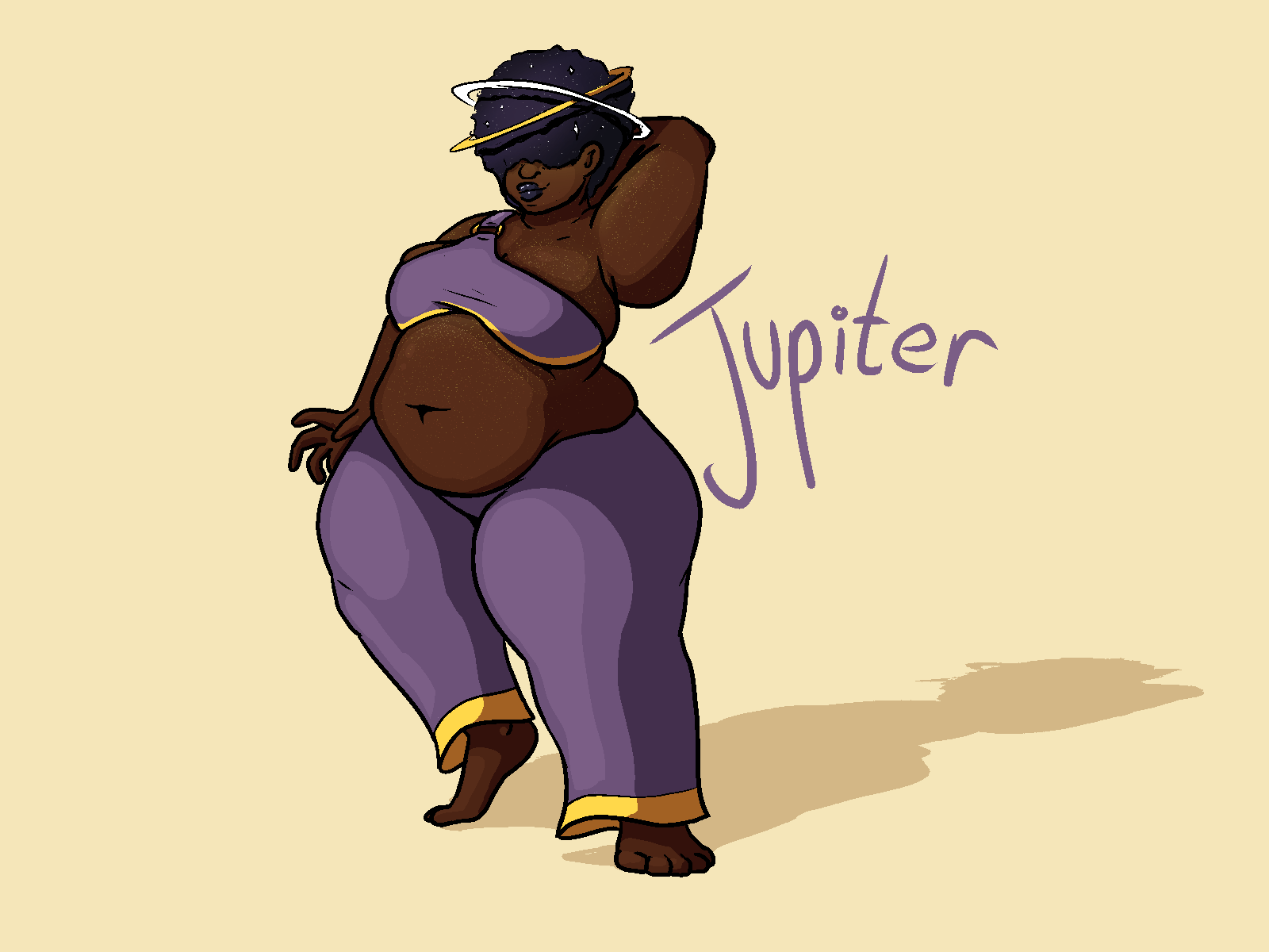 Jupiter - a chubby, dark skinned woman with a starry afro and purple clothes - posing with an arm behind her head. A pair of gold and white halos encircle her head, and her hair obscures her eyes.