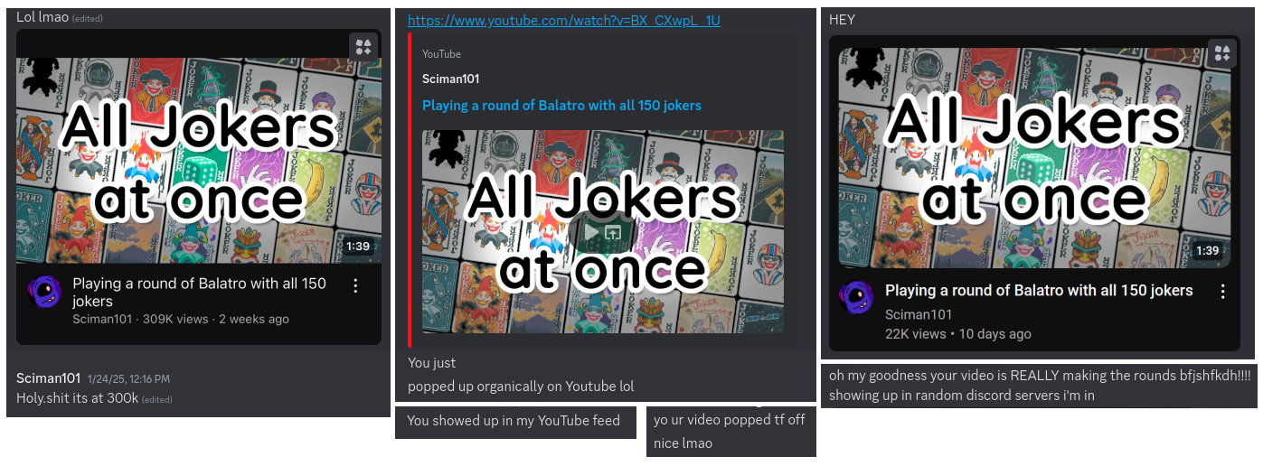 Compilation of screenshots of Discord messages about the video
