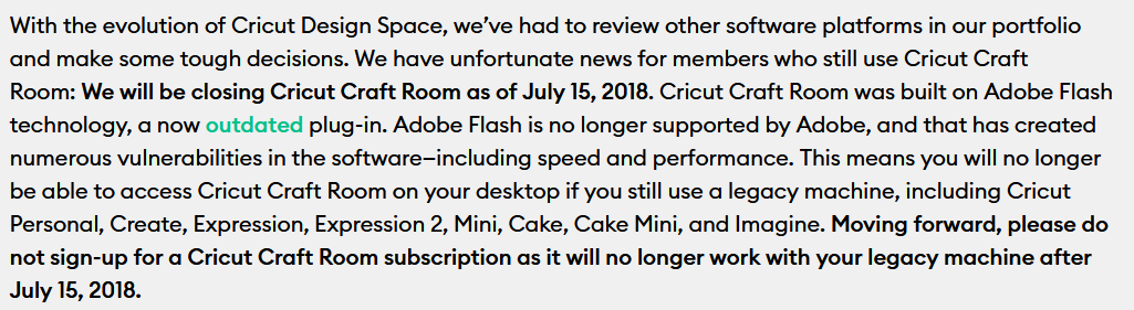 Screenshot of Cricut's blog announcing the closure of Cricut Craft Room