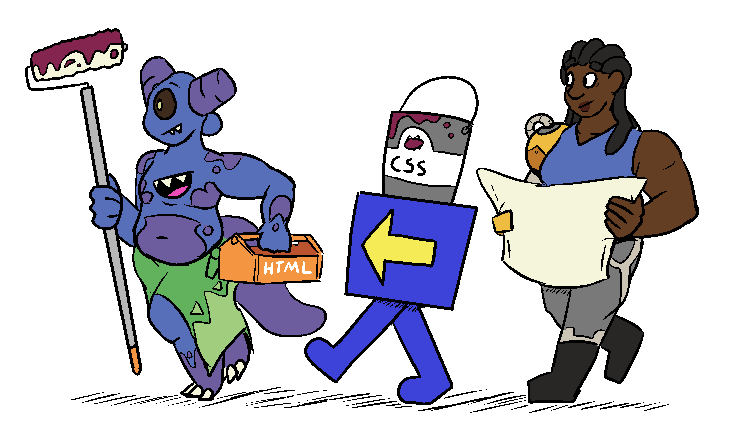3 characters walking in a line, all holding web dev tools represented as hand tools, paint, etc.